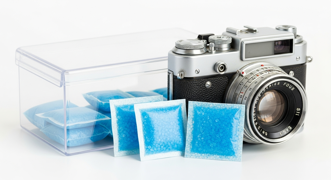 Sachets de gel de silice bleu posés à côté d'un objectif vintage dans une boîte hermétique transparente