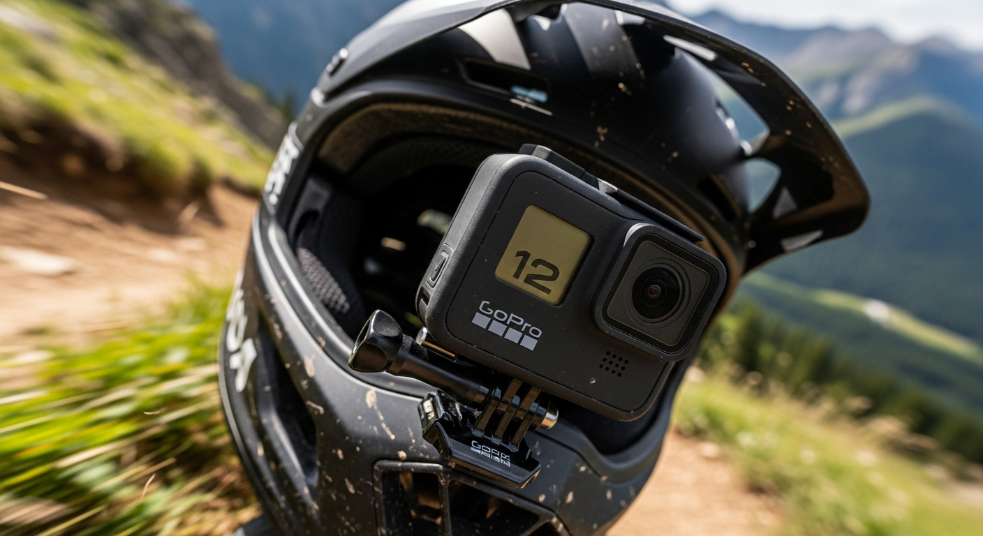 GoPro Hero 12 Black posée sur un rocher en pleine nature, vue de face