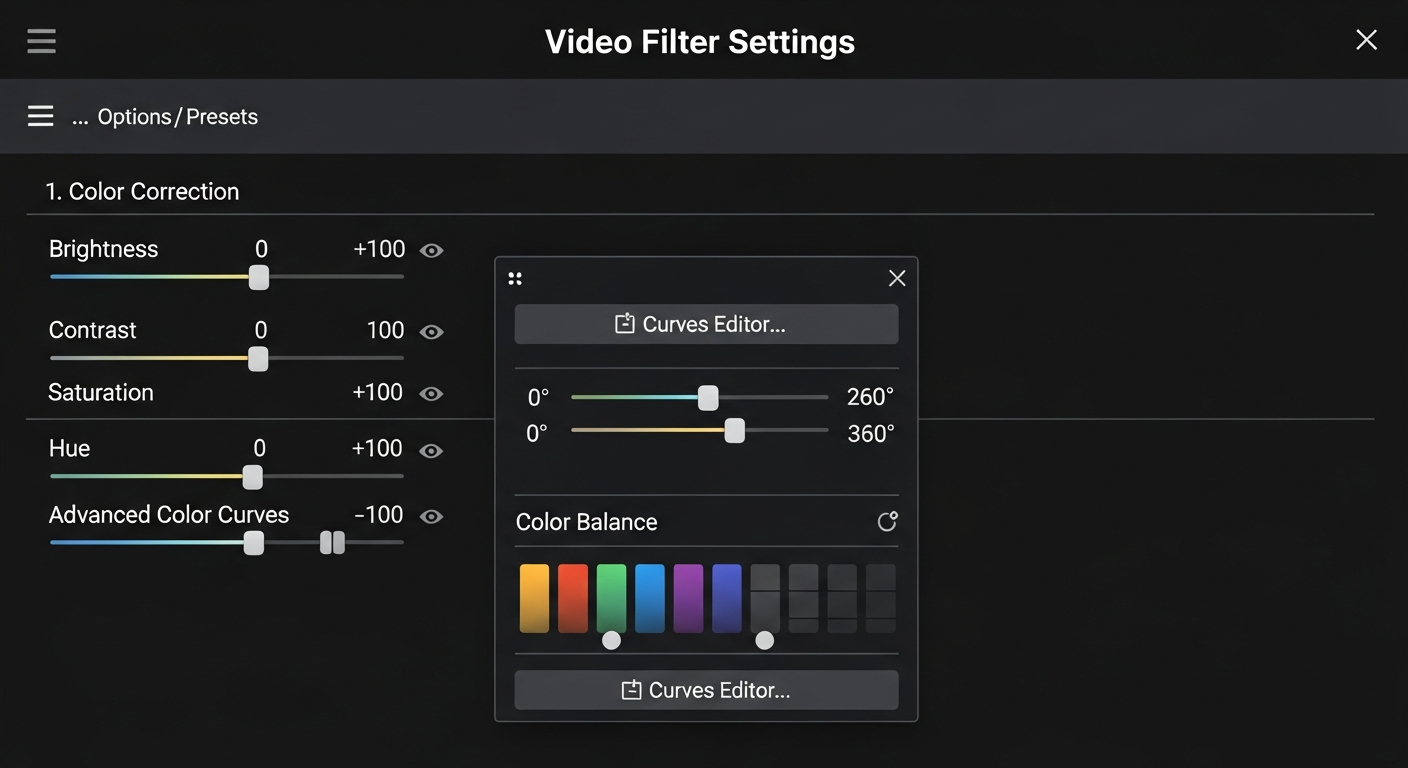 Panneau des filtres vidéo OBS Studio avec LUT et correction des couleurs activées
