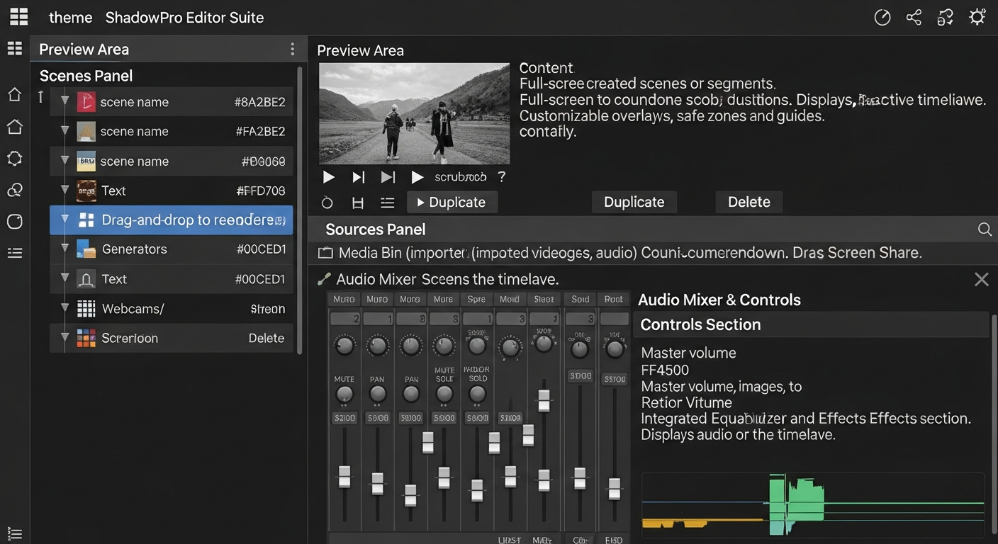 Interface OBS Studio avec les 5 zones principales annotées