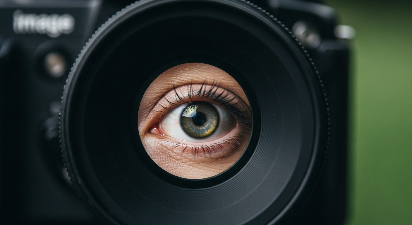 Objectif de caméra avec mise au point précise sur un oeil humain, bokeh vert en arrière-plan, macro