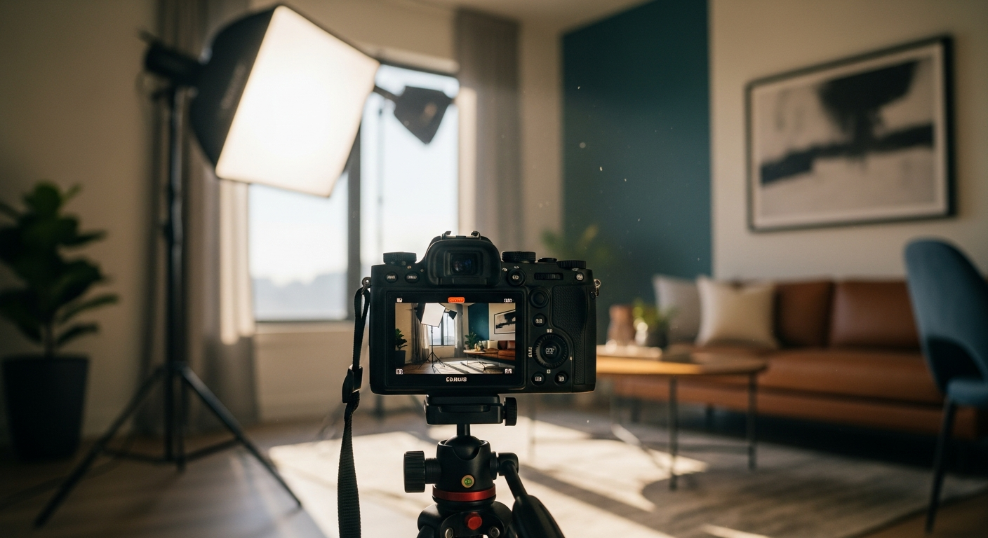 Camera compacte sur trépied filmant une scène créative en appartement, lumière naturelle cinematique