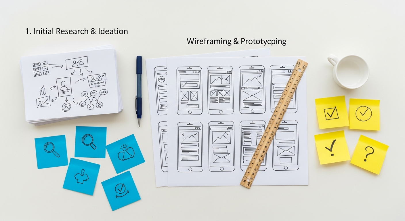 Processus UX design avec wireframes et post-its sur un bureau