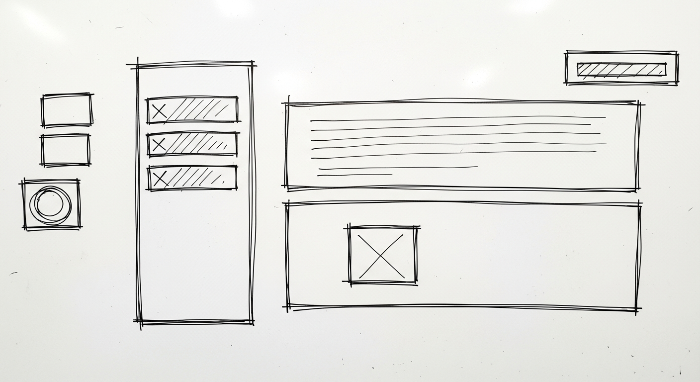 Tableau blanc avec un wireframe basse fidélité dessiné au feutre, boîtes et zones grises